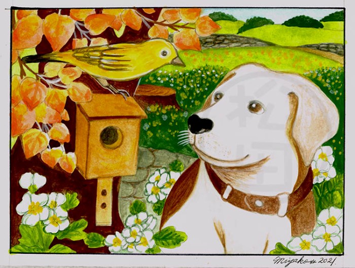 DogGoldfinchWhiteFlowersLowResWM