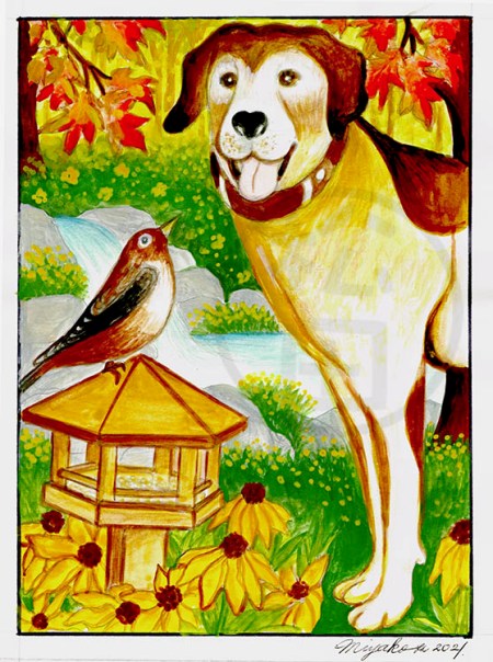 ChienDeBergerBrownBirdYellowFlowersLowResWM