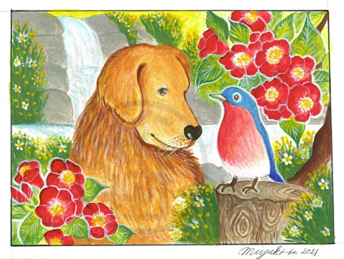 BrownDogWithBirdAndWeigelaLowResWM