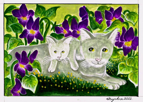 CatAndKittensWithVioletsLowResWM