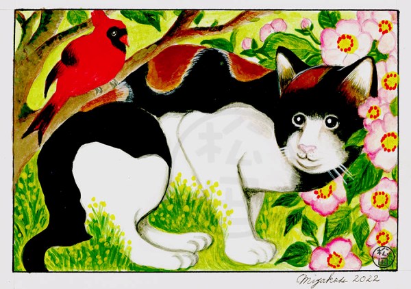 CalicoCatWithCardinalAndRosesLowResWM