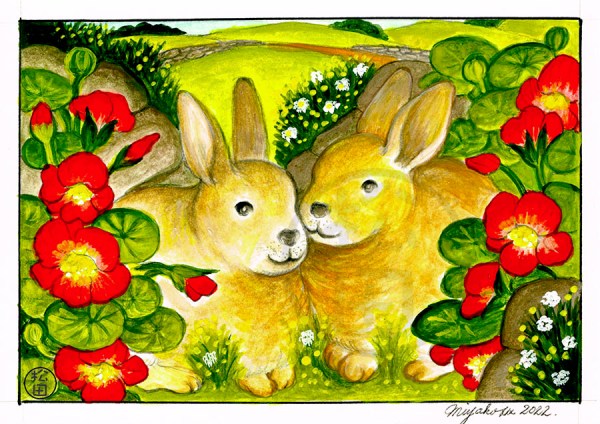 BrownHaresWithNasturtiumsLowResWM